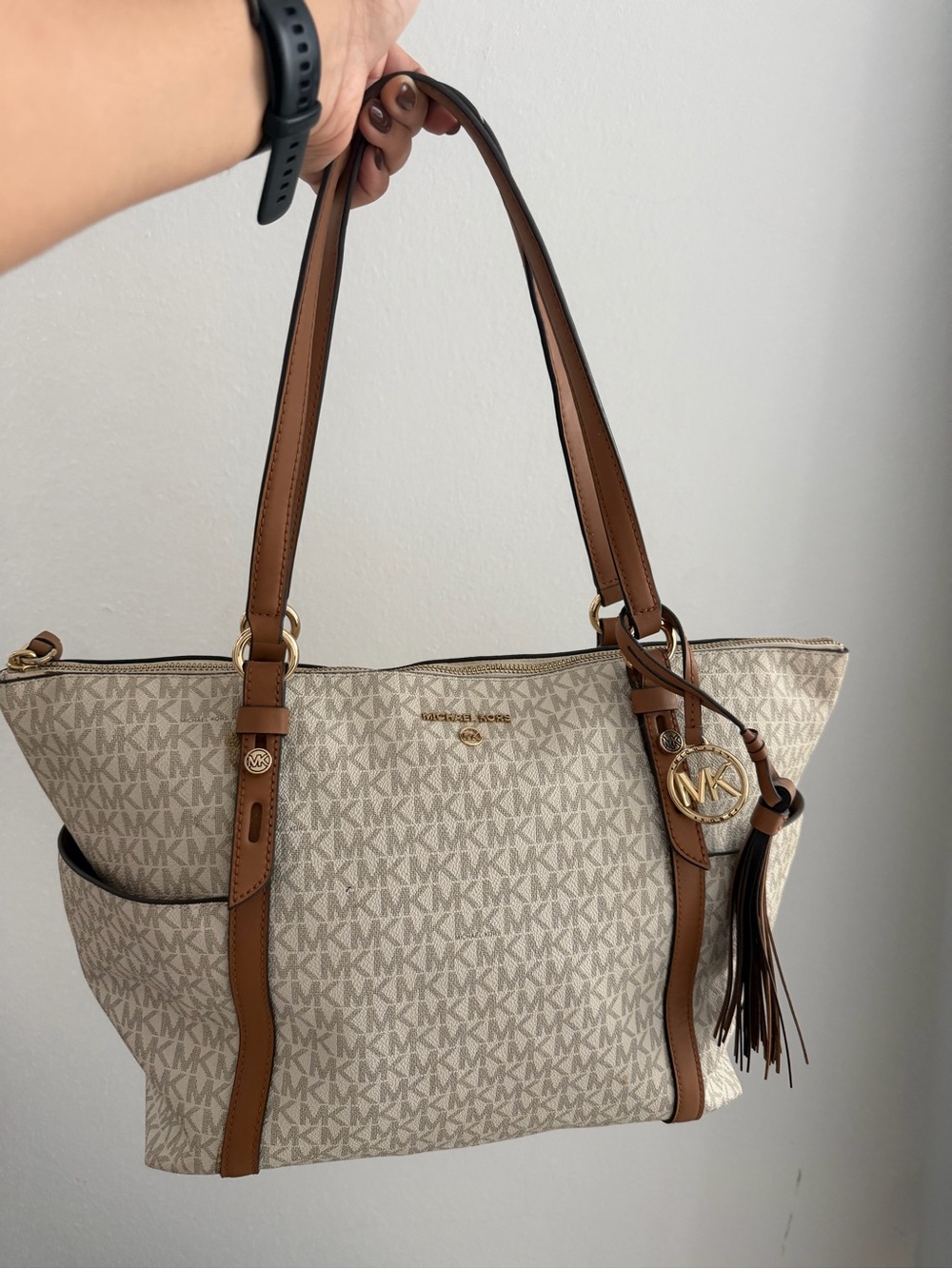 Michael Kors Beige Signature Logo Tote with Brown Trim